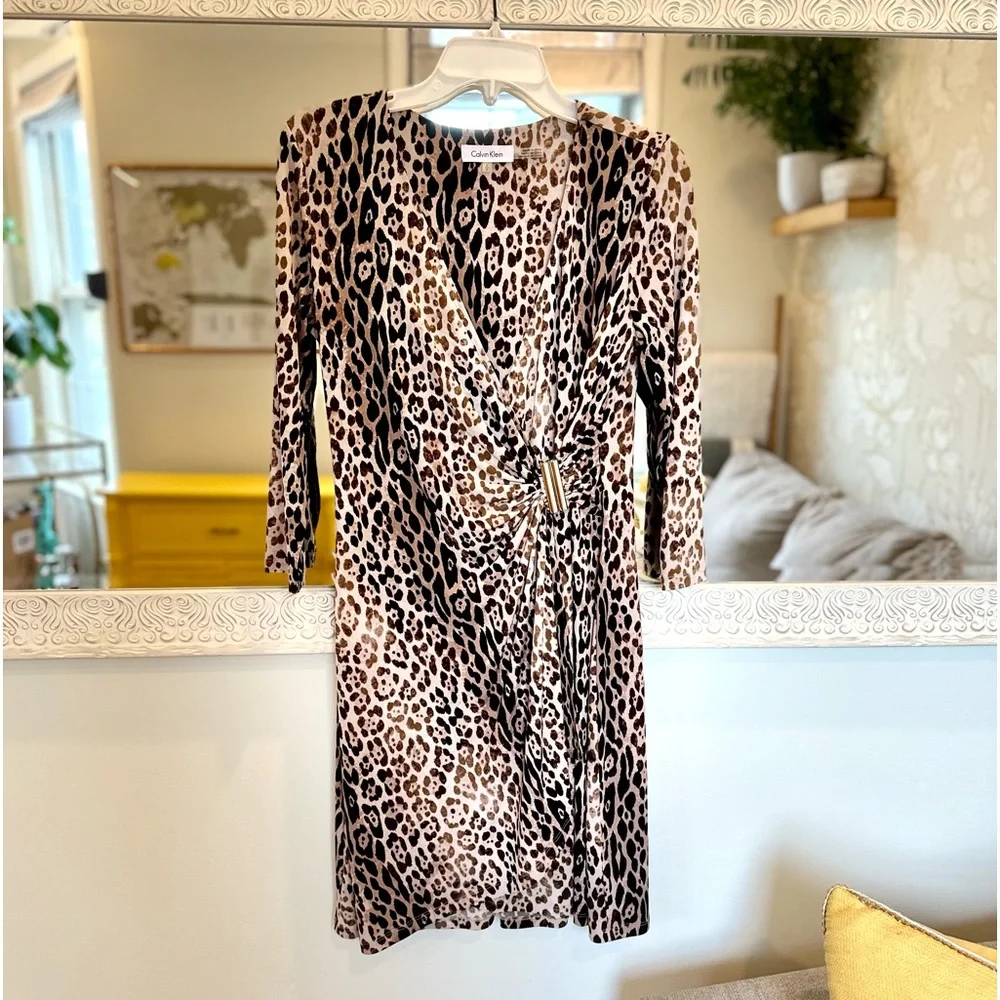NWOT Calvin Klein Leopard Wrap Dress w/ Side Gold Accent, 3/4 Length Sleeves, S - Picture 7 of 13